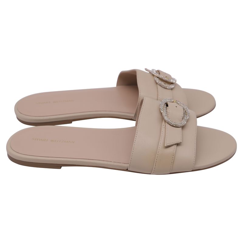 Stuart Weitzman Crystal-Embellished Slides In Beige Leather